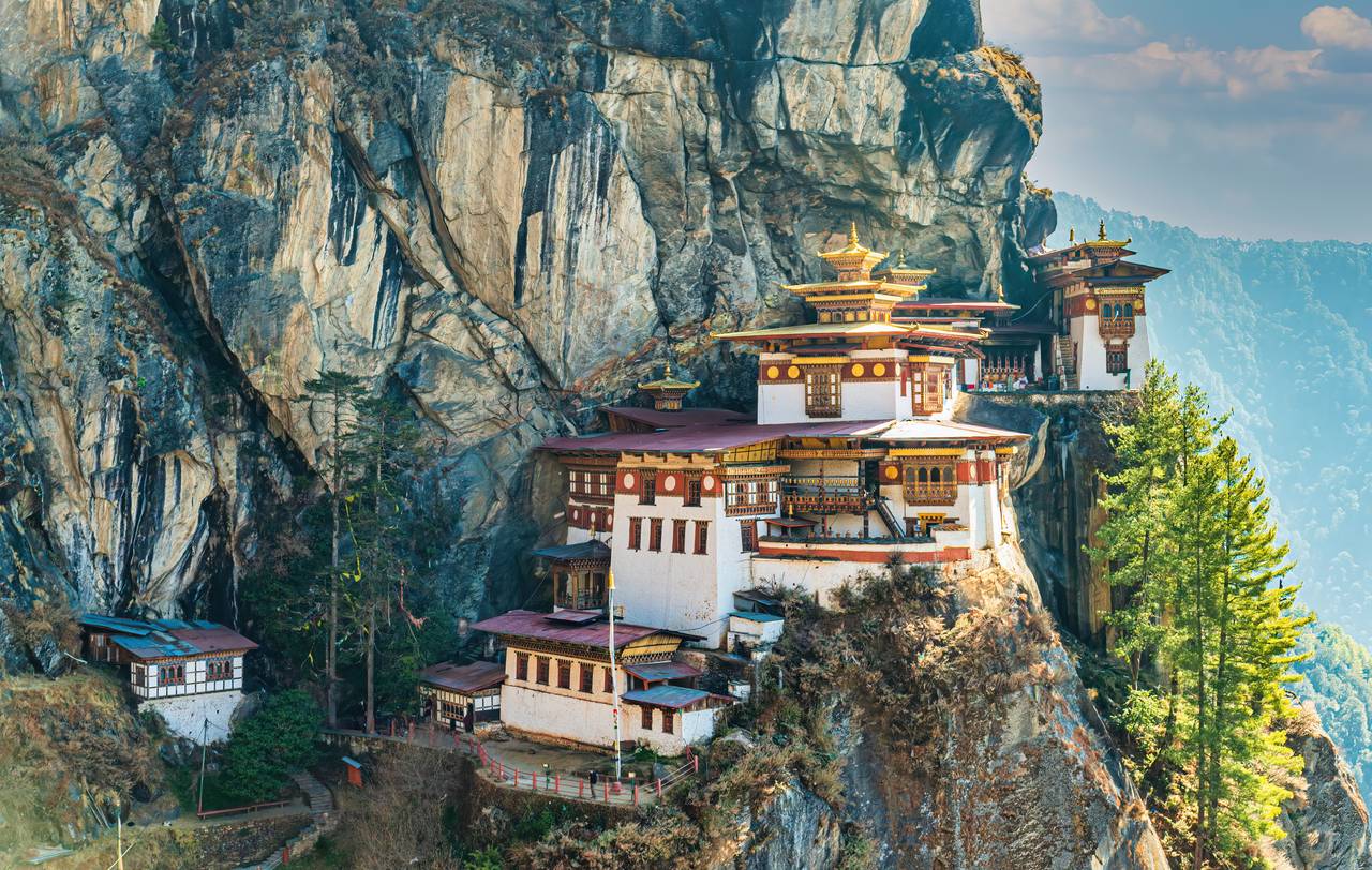 Taktsang Goemba seen in the cliffside of the Paro Valley in Bhutan.